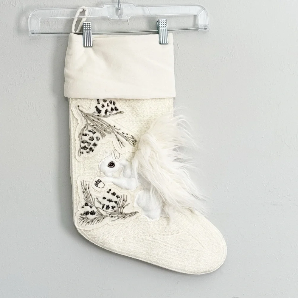 POTTERY BARN Ivory WOODLAND FURRY SQUIRREL CHRISTMAS STOCKING 12” X 20”